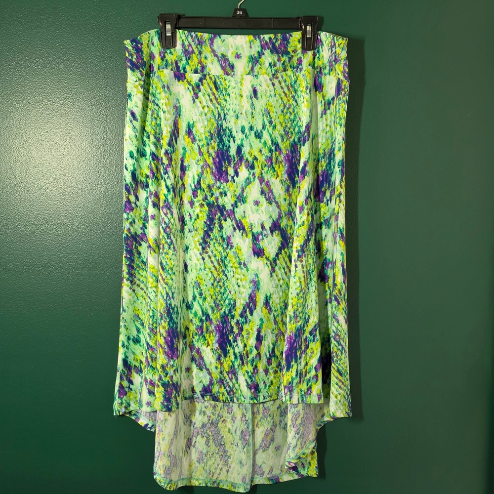 Cato Womens Large High Low Skirt Green Purple Abstract Print Elastic Waist L